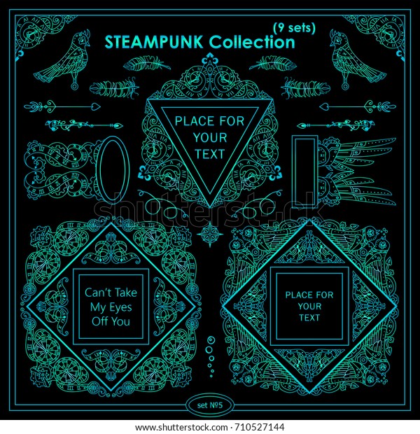 Vector Steampunk elements for design. Ornate
vintage corners, frames, template for logo, divider, vignette.
Square, rectangle, triangle elements. Different elements in each
set, blue neon color