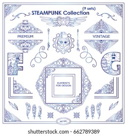 Vector Steampunk elements for design. Vintage corners, frames, template for logo, divider, vignette. Mechanical watch, clock, gear wheel. Different elements in each set. Blue watercolor