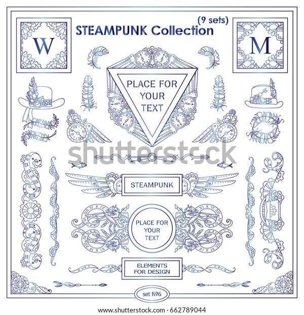 Vector\
Steampunk elements for design. Vintage corners, frames, template\
for logo, divider, vignette. Mechanical watch, clock, gear wheel.\
Different elements in each set. Blue\
watercolor