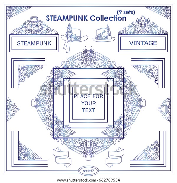 Vector Steampunk elements for design. Vintage\
corners, frames, template for logo, divider, vignette. Mechanical\
watch, clock, gear wheel, birds. Different elements in each set.\
Blue watercolor