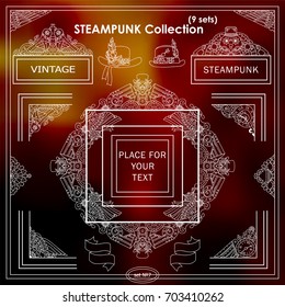 Vector Steampunk elements. Mechanical watch, clock, gear wheel, birds in vintage ornate style. Different elements in each set, perfect for dividers, frames, cards, invitations. Set 7 from 9