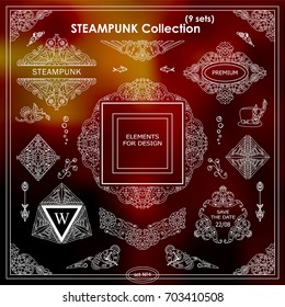 Vector Steampunk elements. Mechanical watch, clock, gear wheel, birds in vintage ornate style. Different elements in each set, perfect for dividers, frames, cards, invitations. Set 4 from 9