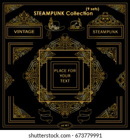 Vector Steampunk elements. Vintage corners, frames, template for logo, divider, vignette. Mechanical watch, clock, gear wheel, birds. Different elements in each set. Metallic gold color on black