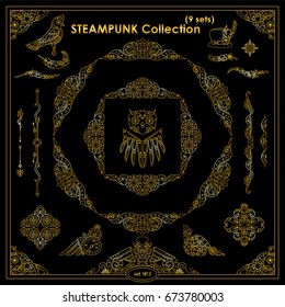 Vector Steampunk elements. Vintage corners, frames, template for logo, divider, vignette. Mechanical watch, clock, gear wheel, birds. Different elements in each set. Metallic gold color on black
