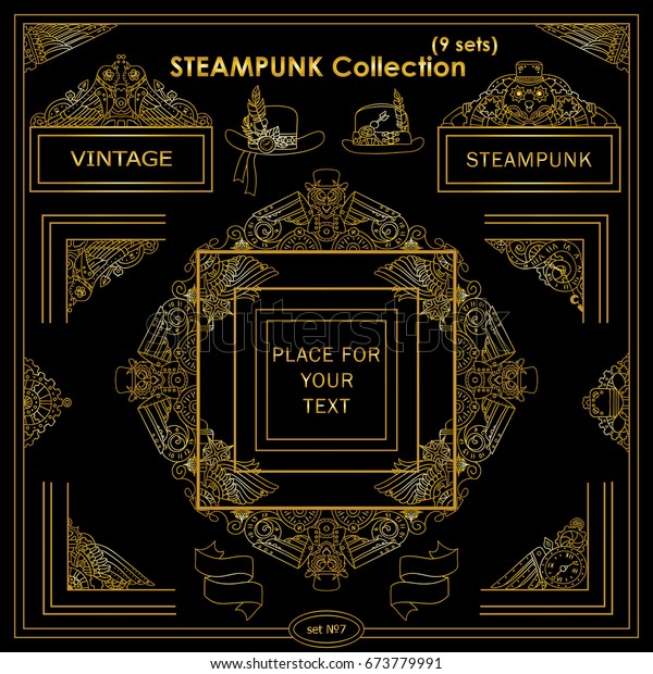 Vector Steampunk elements. Vintage corners, frames,
template for logo, divider, vignette. Mechanical watch, clock, gear
wheel, birds. Different elements in each set. Metallic gold color
on black