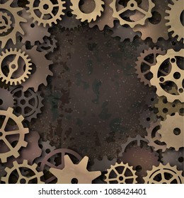 Vector steampunk frame with metallic gears, realistic shadow on grunge background.