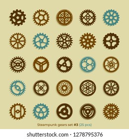 Vector steampunk gears set of 25 victorian era vintage design style clockwork illustration metal cogs elements on background