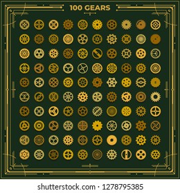 Vector steampunk gears set victorian era vintage style clockwork illustration metal 100 cogwheel designs