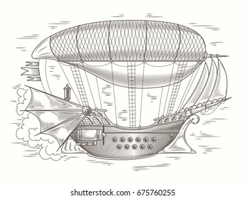 Vector steampunk illustration of a fantastic wooden flying ship in the style of engraving. Print, template, design element