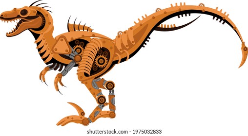 Vector steampunk raptor dinosaur lizard. Mechanical reptile on a white isolated background. 