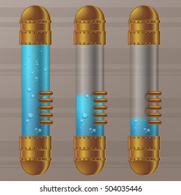 Vector steampunk transparent copper and glass capsule with blue liquid with bubbles, isolated pipe on the background.