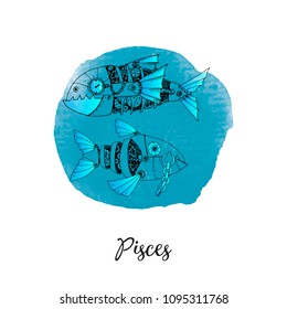 Vector steampunk zodiac pisces. Watercolor and hand drawn background