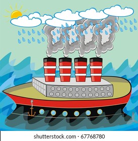 VECTOR Steamship Traveling in Stormy Weather in the Ocean with Rough Sea Polluted Smoke is Coming Out from the Ship Chimney