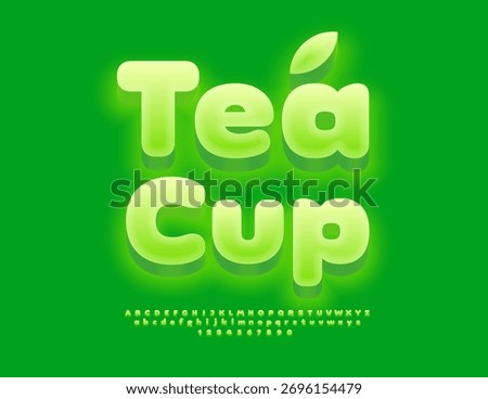 Vector steamy emblem Tea Cup. Glowing Green Font. Bright set of Alphabet Letters and Numbers