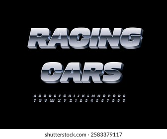Vector Steel badge Racing Cars. 3D Metallic Font. Cool Silver Alphabet Letters and Numbers.