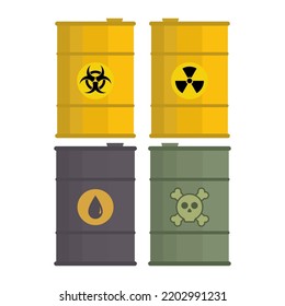 Vector steel barrel of radioactive waste. Container in flat style with oil drop, crossbones, radiation and biohazard icons