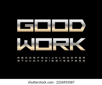 Emblema de acero vectorial Buen trabajo. Fuente metálica elegante. Letras y números de alfabeto plateado.