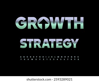 Vector Steel emblem Growth Strategy with Arrow. Elegant Metallic Font. Silver Digital Alphabet Letters and Numbers set.