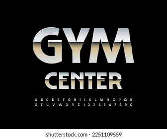 Vector steel Emblem Gym Center. Metallic creative Font. Trendy Silver Alphabet Letters and Numbers set. 
