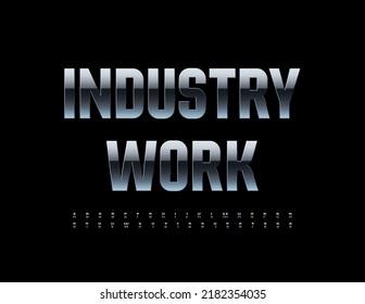 Vector steel emblem Industrial Park. Glossy silver Font. 3D Chrome set of Alphabet Letters and Numbers