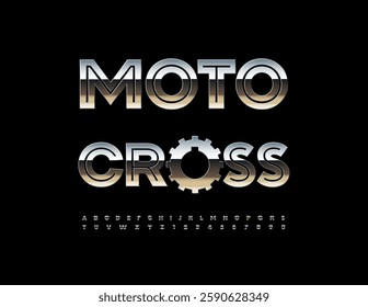 Vector Steel emblem Moto Cross with Metallic Сogwheel. Reflective Silver Font. Glossy Crome Alphabet Letters and Numbers set.

