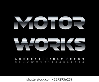 Emblema de acero vectorial Trabajos de motor. Juego de letras y números de alfabeto artístico. Fuente metálica moderna