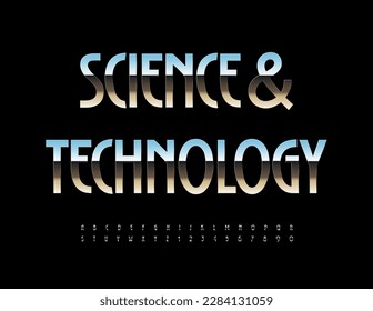 Vector steel Emblem Science and Technology. Modern Metallic Font. Silver Alphabet Letters and Numbers set