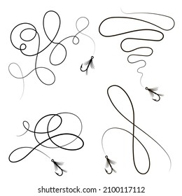 Vector Steel Fishing Hook Set with Feathers Isolated on White Background.
