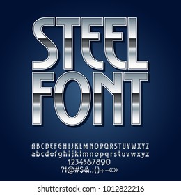 Vector Steel Font. Set Of Silver Alphabet Letters, Symbols And Numbers