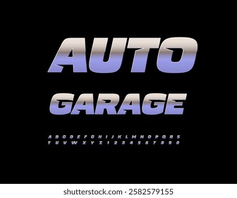 Vector Steel icon Auto Garage. Italic Metallic Font. Exclusive Silver Alphabet Letters and Numbers set.