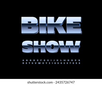 Icono de acero vectorial Bike Show. Fuente 3D metálica reflectante. Letras y números modernos del alfabeto plateado.