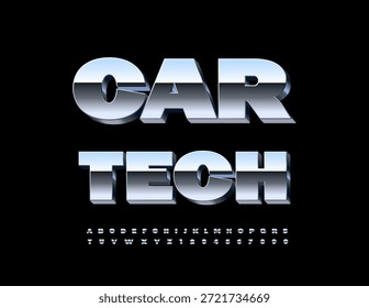 Vektor Stahl Symbol Car Tech. Silber 3D-Schriftart. Reflektierende Metallic Alphabet Buchstaben und Zahlen.