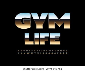 Vector steel icon Gym Life. Reflective Metallic Font. Modern Silver Alphabet Letters and Numbers set. 