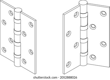 Vector steel isometric butt door hinge outline illustration