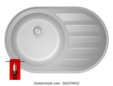 Vector steel kitchen sink in metal color. with sink strainer