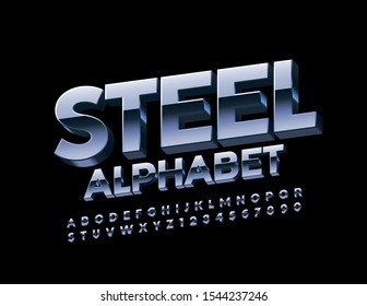 Vectorstahl-Buchstaben und Zahlen Set. 3D-Metall Alphabet. Silver Uppercase Font