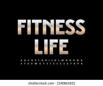 Logo de acero vectorial Fitness Life. Fuente metálica brillante. Letras y números de alfabeto plateado