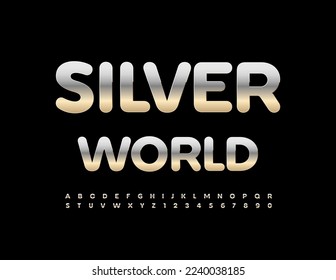Vector steel logo Silver World. Ыhiny metallic Font. Trendy Alphabet Letters and Numbers set