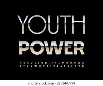 Vector steel logo Youth Power. Trendy Metallic Font. Artistic Alphabet Letters and Numbers set