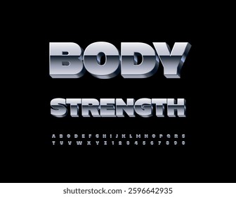 Vector steel logotype Body Strength.Reflective Metallic Font. Silver Uppercase Alphabet Letters and Numbers set