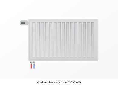 Vector steel panel Radiator on wall. The thermostatic control valve. HVAC system.