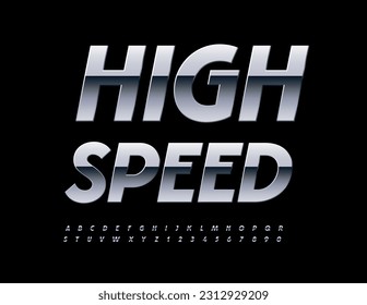 Señal de acero vectorial de alta velocidad. Fuente metálica moderna. Letras y número alfabético plateado