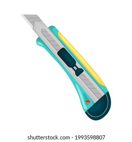 Vector steel Stationery Knife for Repair, Construction.Yellow Plastic Cutting Tool for office, school work.Knife with Iron Blades. Isolated on White background.Illustration in Cartoon style.