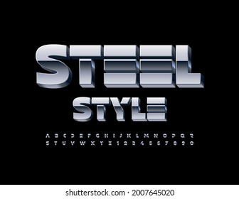 Vector Steel style Alphabet set. Techno metallic Font. Futuristic chrome Letters and Numbers