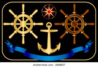 Vector steering-wheels with a anchor and a wind rose. Edited in CMYK colors and ready for printing