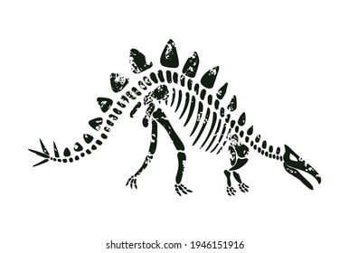 Vector Stegosaurus Dinosaur Skeleton In Black Color. Dino Ancient Fossil Silhouette. 