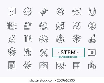 Vector Stem education thin line icons with symbols of Science, Technology, Engineering and Mathematics learning isolated on white