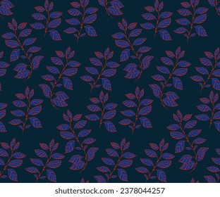 Vector stem leaves hand drawn seamless pattern. Simple, artistic, creative branch leaf randomly scattered on a dark blue background. Template for design, fashion, print, surface design, fabric