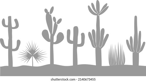 Vector stencil cactuses in desert for laser and hand cutting. Cactuses monochrome vector illustration, Cactuses background, plants of desert. Cactuses silhouette.