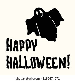Vector stencil Happy Halloween title with pumpkin lantern, black cat, witch hat, ghost, mummy, bat isolated on the white background
